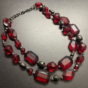 18” Double Strand Red Beaded Chunky Gaudy Statement Necklace Excellent Condition
